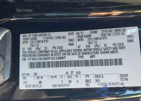 2015 Ford Escape Titanium from USA, damaged, VIN 1FMCU9J90FUC32887